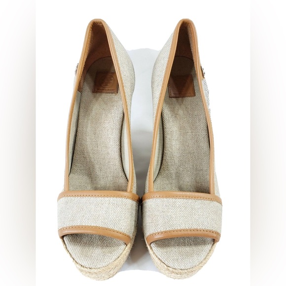 New Tory Burch Majorca Espadrille Wedge Sz 8/38.5 Shimmer Canvas w/ Leather Trim - Picture 2 of 6